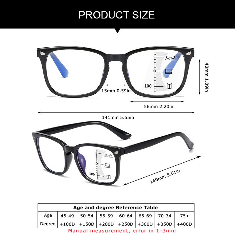 YOOSKE Modne multifokalne progresivne naočale za čitanje Muške četvrtaste plave svjetlosti Računalne naočale Ženske dioptrije protiv odsjaja UV400