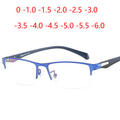 Мъжки очила с диоптър с половин рамка, късогледство, метални литературни студентски очила с рецепта, мъжки SPH 0 -1,0 -1,5 -2,0 -2,5 до -6,0