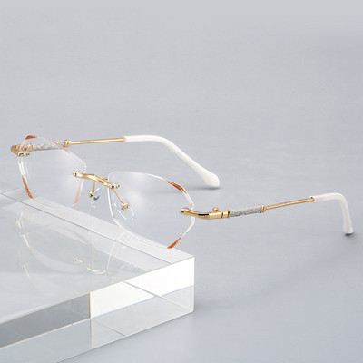 Presbüoopilised prillid Luksuslikud naiste ääristeta teemantlõikamisraam Sinise valguse vastane prillid Retseptiga prillid Diopter 0 kuni +4,0