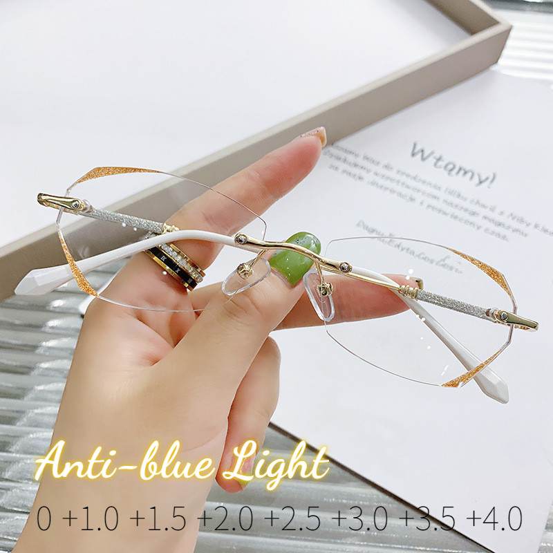 Presbyopical Akiniai Prabangūs Moteriški akiniai be rėmelių deimantinis pjovimo rėmelis Anti Blue Light Akiniai Receptiniai akiniai Dioptrija nuo 0 iki +4,0