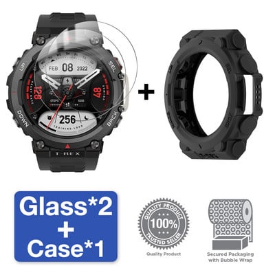 2 viename dėklas + grūdintas stiklas, skirtas Huami Amazfit T Rex 2 ekrano apsaugai ir buferio apsauginis dangtelis, skirtas Amazfit TRex 2 priedams