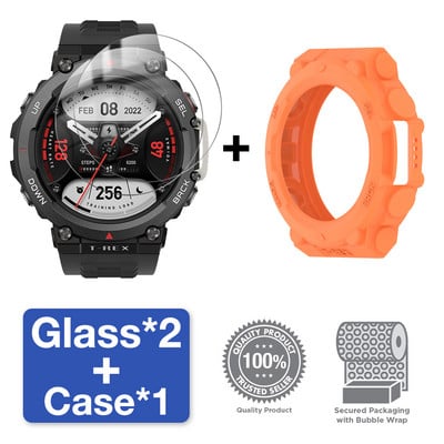 2 viename dėklas + grūdintas stiklas, skirtas Huami Amazfit T Rex 2 ekrano apsaugai ir buferio apsauginis dangtelis, skirtas Amazfit TRex 2 priedams