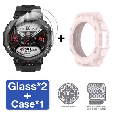 2 viename dėklas + grūdintas stiklas, skirtas Huami Amazfit T Rex 2 ekrano apsaugai ir buferio apsauginis dangtelis, skirtas Amazfit TRex 2 priedams