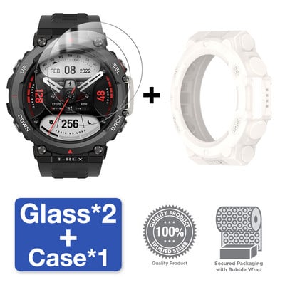 2 viename dėklas + grūdintas stiklas, skirtas Huami Amazfit T Rex 2 ekrano apsaugai ir buferio apsauginis dangtelis, skirtas Amazfit TRex 2 priedams