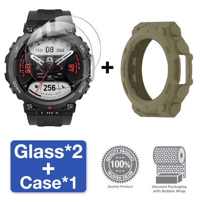 2 viename dėklas + grūdintas stiklas, skirtas Huami Amazfit T Rex 2 ekrano apsaugai ir buferio apsauginis dangtelis, skirtas Amazfit TRex 2 priedams