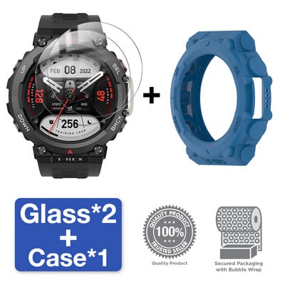 2 viename dėklas + grūdintas stiklas, skirtas Huami Amazfit T Rex 2 ekrano apsaugai ir buferio apsauginis dangtelis, skirtas Amazfit TRex 2 priedams