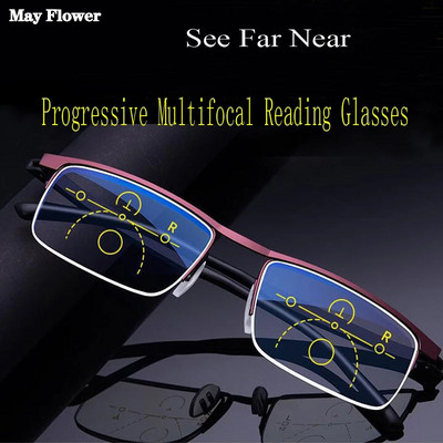 May Flower Προοδευτικά Πολυεστιακά Γυαλιά Ανάγνωσης Μισού Πλαισίου Μεταλλικά Γυαλιά Πρεσβυωπίας Anti Blue Ray Τετράγωνα μεγεθυντικά γυαλιά