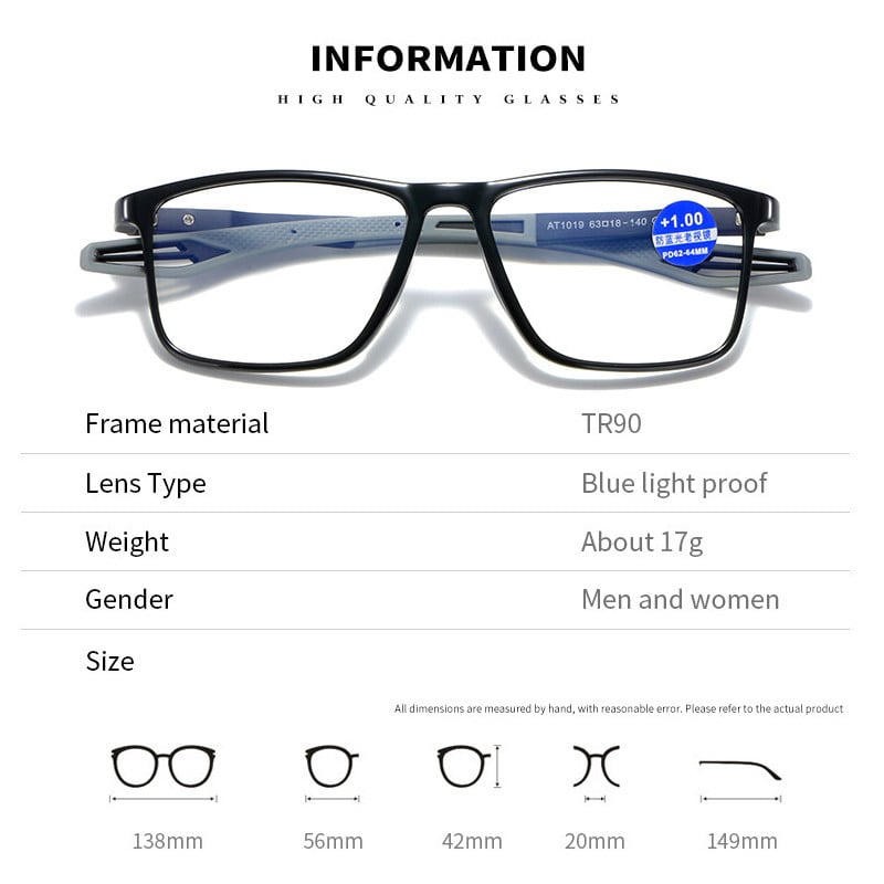 Itin lengvi TR90 sportiniai skaitymo akiniai Anti Blue Light Presbyopia Moteriški akiniai vyrams Unisex optiniai akinių rėmeliai nuo 0 iki+ 4.0