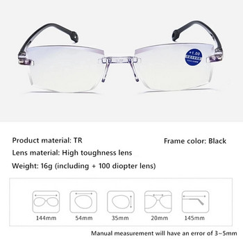Очила за четене без рамка Anti Blue Ray Бифокални очила Квадратни безрамкови очила за пресбиопия Hyperopia Glasse Женски очила 2021 +4