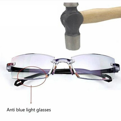 Очила за четене без рамка Anti Blue Ray Бифокални очила Квадратни безрамкови очила за пресбиопия Hyperopia Glasse Женски очила 2021 +4