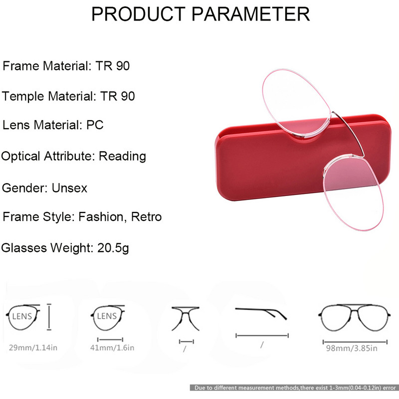 NONOR Nosies skaitymo akiniai be kojų TR Vyriški akiniai Skaitymui skirti mini akiniai moterims Nosies skaitytuvo akiniai su dėklu