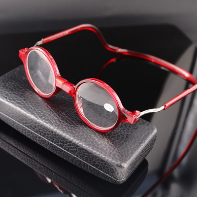 Модна тенденция Висящи очила за четене Magenet с кръгла рамка Висококачествени смолисти лещи Пресбиопични очила Мъже Жени Черно Червено 150