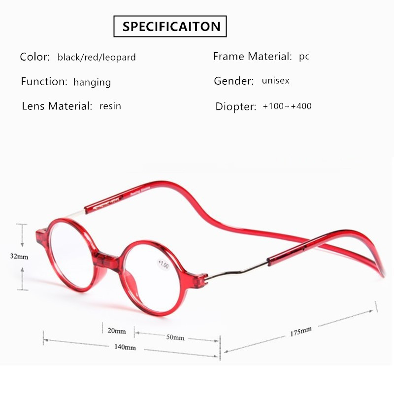 Ochelari de lectură Magenet cu agățat la modă, cadru rotund, lentile din rășină de înaltă calitate, ochelari prezbiopi bărbați, femei, negru roșu 150