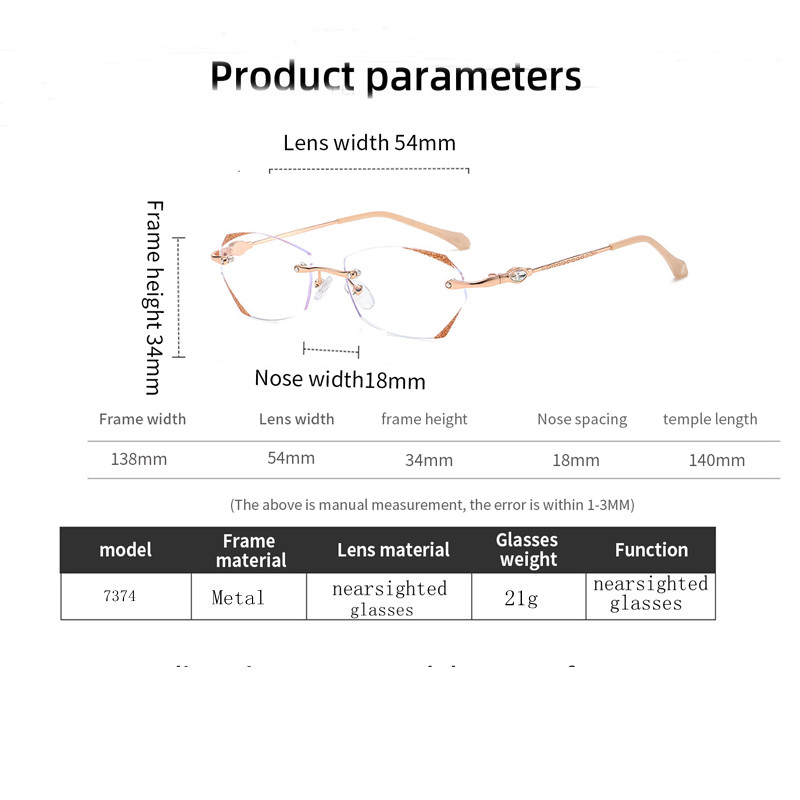 Zileadi raamideta naiste lühinägelikkusprillid naistele mood Teemantlõikeline Anti-Blue Light Jelly lühinägelikud prillid 0-1-1,5-2...-5