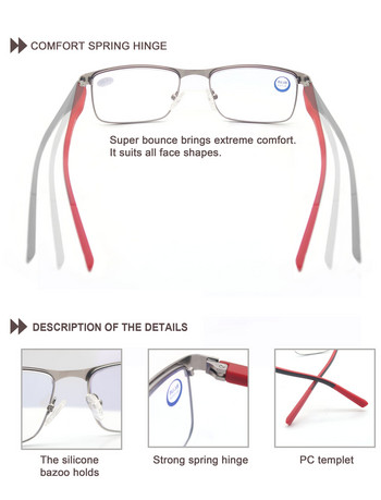 Пълноформатни очила за четене MODFANS от неръждаема стомана, метални квадратни анти-сини очила за четене за мъже и жени, с диоптър.