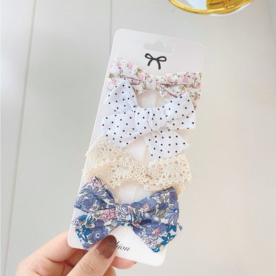 Set de 4 bucăți/set de agrafe de păr cu flori pentru fetiță, cu fundă drăguță, pentru tunderea din dantelă de flori, agrafe de păr din desene animate, agrafe, accesorii de păr