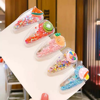 5 бр./компл. 2021 г. Нови течащи пайети Сладки детски фиби Бебешки уши Страничен бретон Щипка Плодова шапка Аксесоари за коса за жени Подаръци