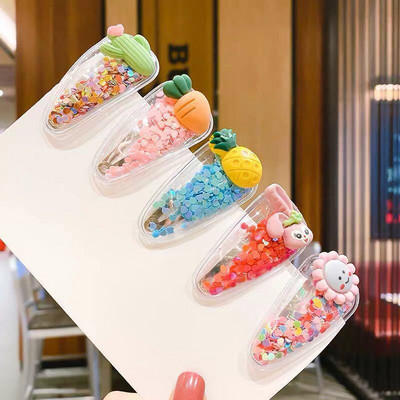 5 бр./компл. 2021 г. Нови течащи пайети Сладки детски фиби Бебешки уши Страничен бретон Щипка Плодова шапка Аксесоари за коса за жени Подаръци