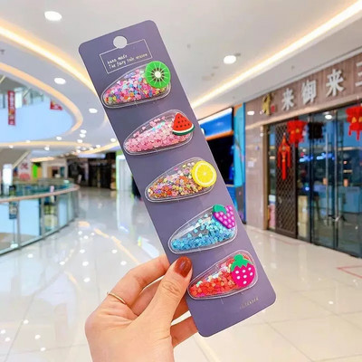 5 бр./компл. 2021 г. Нови течащи пайети Сладки детски фиби Бебешки уши Страничен бретон Щипка Плодова шапка Аксесоари за коса за жени Подаръци