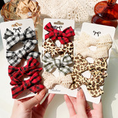 4 kom./set Pamučne lanene mašne za kosu s leopard printom i kopčom za djevojčice Karirane kopče za kosu Ukosnice Pokrivala za kosu Dodaci za kosu