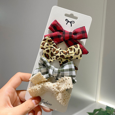 4 kom./set Pamučne lanene mašne za kosu s leopard printom i kopčom za djevojčice Karirane kopče za kosu Ukosnice Pokrivala za kosu Dodaci za kosu
