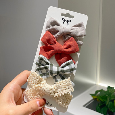 4 kom./set Pamučne lanene mašne za kosu s leopard printom i kopčom za djevojčice Karirane kopče za kosu Ukosnice Pokrivala za kosu Dodaci za kosu