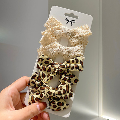 4 kom./set Pamučne lanene mašne za kosu s leopard printom i kopčom za djevojčice Karirane kopče za kosu Ukosnice Pokrivala za kosu Dodaci za kosu