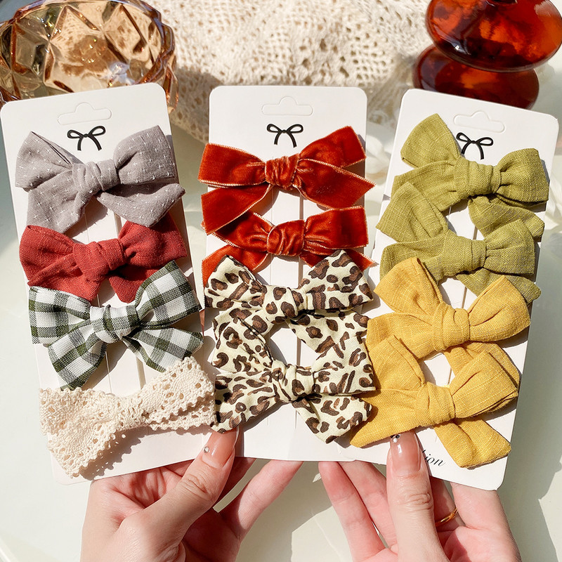 4 kom./set Pamučne lanene mašne za kosu s leopard printom i kopčom za djevojčice Karirane kopče za kosu Ukosnice Pokrivala za kosu Dodaci za kosu