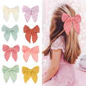 Arc de păr din dantelă brodat CN 5" cu cleme Fundă mare de păr din material textil pentru fete Benzi de păr din nailon pentru fete Agrafe pentru copii mici