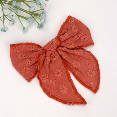 Arc de păr din dantelă brodat CN 5" cu cleme Fundă mare de păr din material textil pentru fete Benzi de păr din nailon pentru fete Agrafe pentru copii mici