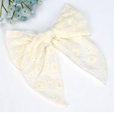 Arc de păr din dantelă brodat CN 5" cu cleme Fundă mare de păr din material textil pentru fete Benzi de păr din nailon pentru fete Agrafe pentru copii mici