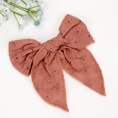 Arc de păr din dantelă brodat CN 5" cu cleme Fundă mare de păr din material textil pentru fete Benzi de păr din nailon pentru fete Agrafe pentru copii mici