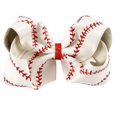 Arc mare de baseball din piele de 7" cu clemă de păr pentru copii, fete, arc de softball cu sclipici mari, lucrat manual, accesorii pentru păr