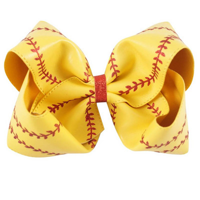 Arc mare de baseball din piele de 7" cu clemă de păr pentru copii, fete, arc de softball cu sclipici mari, lucrat manual, accesorii pentru păr