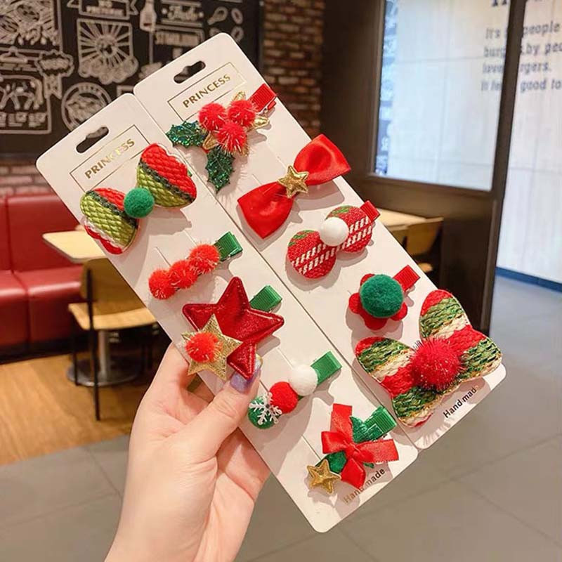 5vnt./rinkinys Animacinis kalėdinis plaukų segtukas vaikams Mielas pomponinis plaukų segtukas Kawaii Kalėdų eglutės lankelis plaukų rankenos Mergaičių plaukų aksesuarai