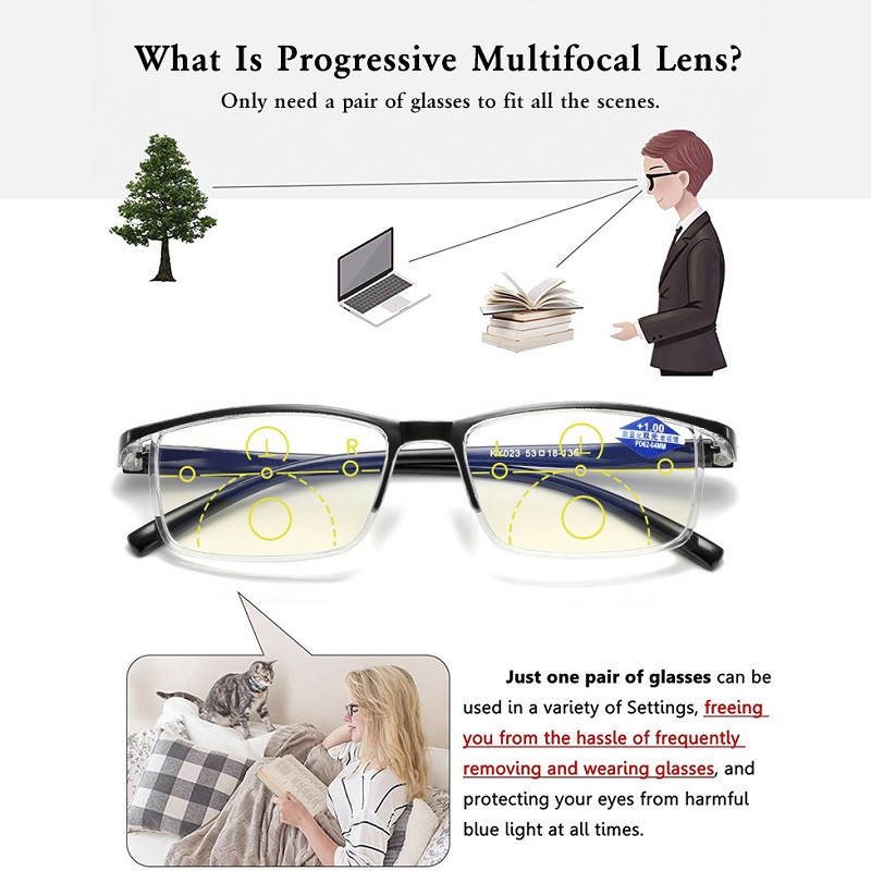 CRIXALIS 2023 Multifokālas progresīvas lasīšanas brilles vīriešiem TR90 īpaši vieglas recepšu brilles, sieviešu zili gaišas brilles