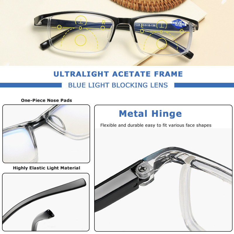 CRIXALIS 2023 Multifokālas progresīvas lasīšanas brilles vīriešiem TR90 īpaši vieglas recepšu brilles, sieviešu zili gaišas brilles