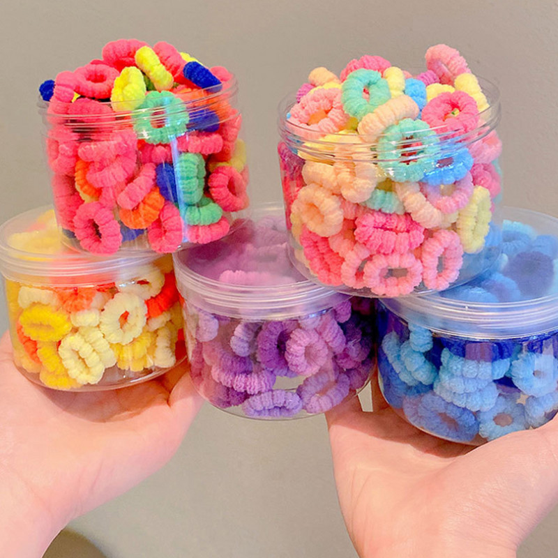 Cutie de 100 de bucăți, cu culori de bomboane, legături elastice de păr pentru fete nou-născute, benzi mici de păr din bumbac moale, suport pentru coadă de cal, accesorii de păr