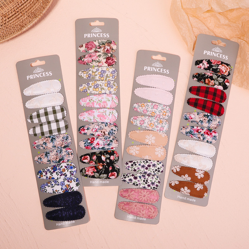 10db/szett Édes nyári virágmintás Bobby Hajtű Basic Snap Baby Hajcseppek Pamut csipke Sima csíkos Haj kiegészítők