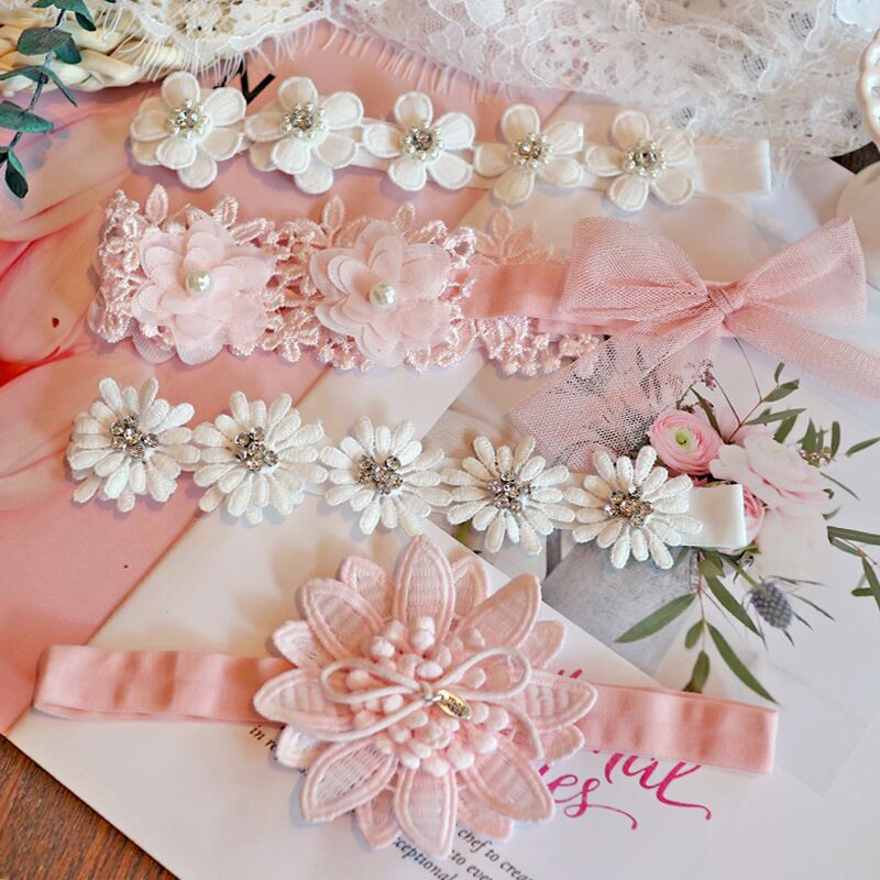 Βρεφική κεφαλόδεσμος Ins Lolita Lace Beaded Flower Baby Girls Hairband Hundred Days Βρεφική κεφαλή φλοράλ αξεσουάρ μαλλιών για νήπια
