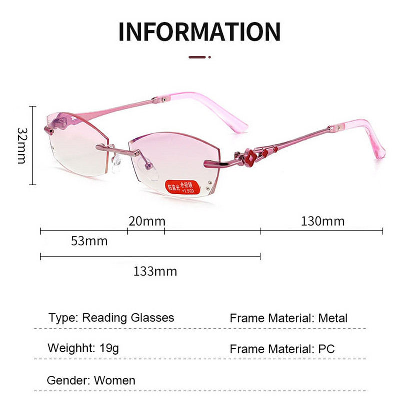 Ahora Ochelari de lectură cu tăiere Riamond fără montură Ochelari de vedere pentru computer cu lumină albastră pentru femei cu dioptrie +1,0 1,5 2,0 2,5 3,5