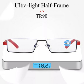 Очила за четене Мъже Жени Винтидж очила с половин рамка TR90 с кутия Бизнес квадратни очила, блокиращи синя светлина +100 до +400