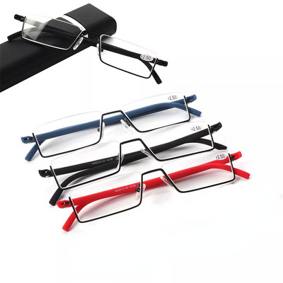 Очила за четене Мъже Жени Винтидж очила с половин рамка TR90 с кутия Бизнес квадратни очила, блокиращи синя светлина +100 до +400
