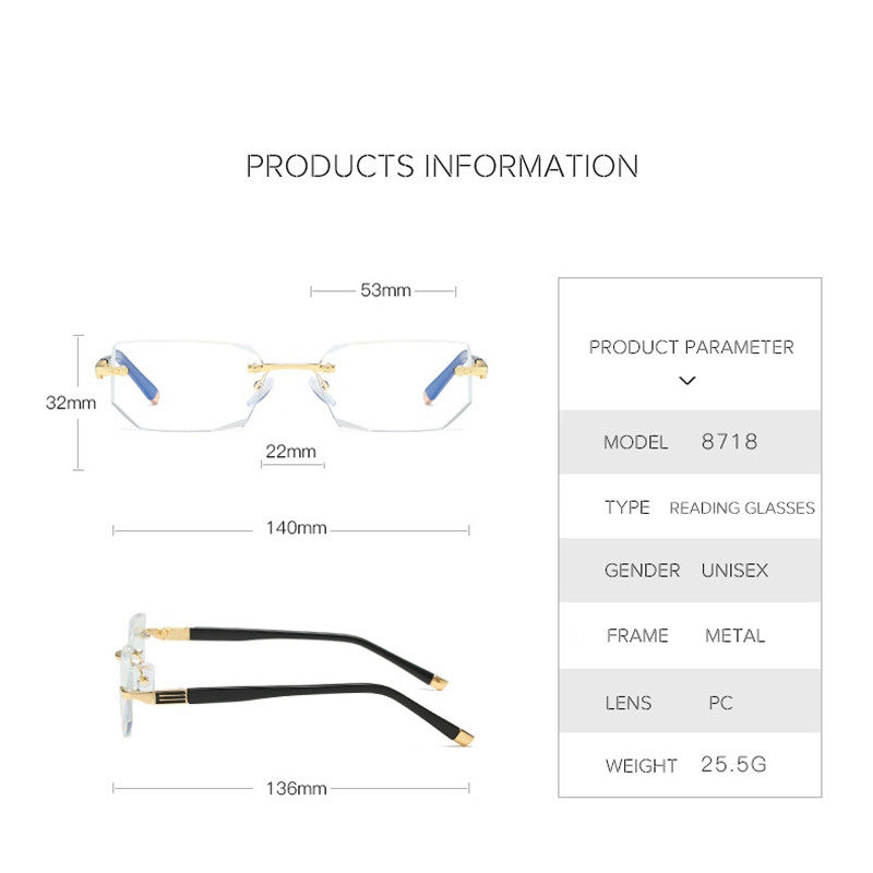 Madingi metaliniai skaitymo akiniai be rėmelių, anti mėlynos šviesos Aukščiausios klasės berėmiai akiniai iki žiūros amžiaus vyrams, moterims, deimantas 1,5 2,5 3,0 1,0