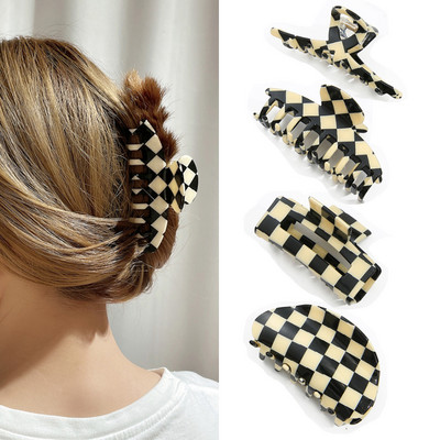 Exquisite Mutiple Vintage acetát sakktábla haj Karmok koreai Elegáns női Kockás cápa klipek Ins Barrette hajkiegészítők