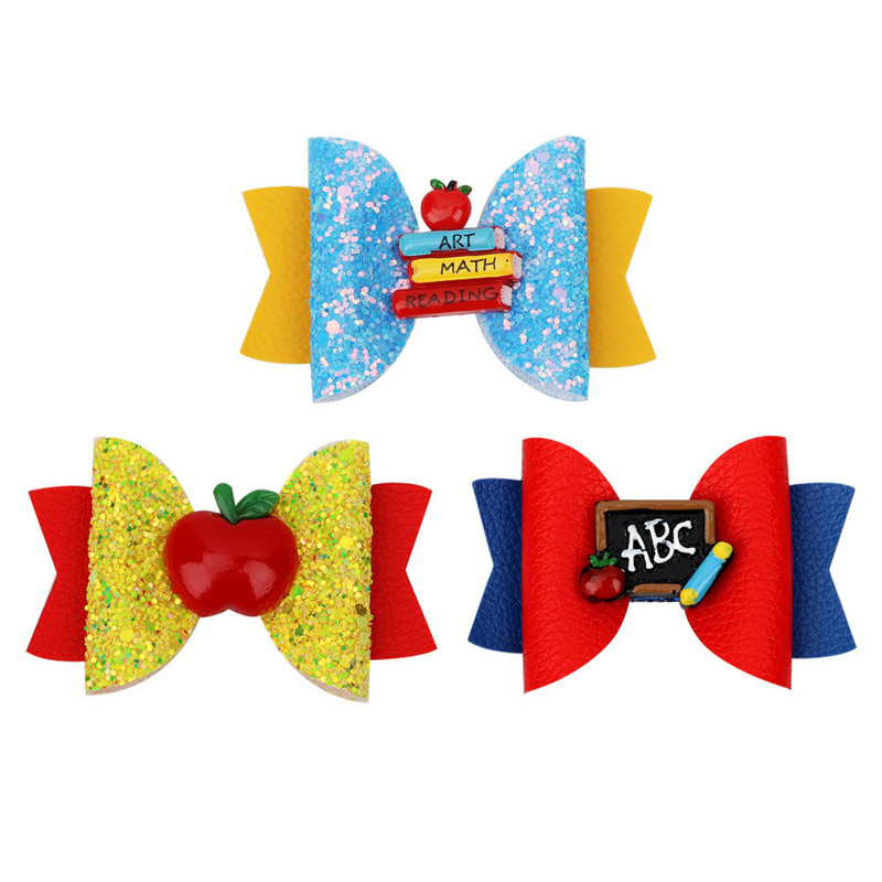 Επιστροφή στο σχολείο 3'' Glitter Bows Κλιπ μαλλιών για κορίτσια Barrettes μαλλιών γράμματα μολύβι Αξεσουάρ για τα μαλλιά Bowknot φουρκέτα Παιδικά καλύμματα κεφαλής