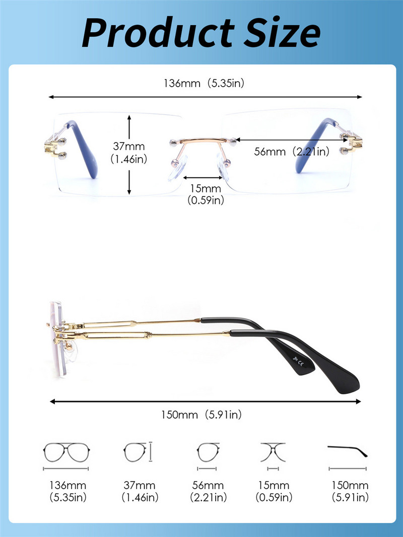 JM Anti Blue Light naočale za čitanje Žene Muškarci Suqare naočale bez okvira za dalekovidnost Dioptrija 1/1.5/2/2.5/3/3.5