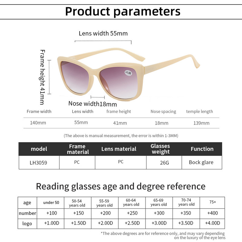 seemfly Cat Eye naočale za čitanje Ženske gradijentno sive leće Sunčane naočale za dalekovidnost Ultralake naočale protiv plavog svjetla Dioptrija +1.0