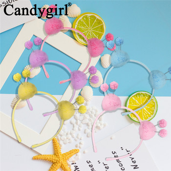 Candygirl χαριτωμένο διπλό χνουδωτό μπαλάκι κεφαλόδεσμο μονόχρωμα δαντέλα ελαστικά πομ πομ αυτιά κεφαλής στεφάνι για κορίτσια Αξεσουάρ μαλλιών