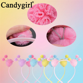 Candygirl χαριτωμένο διπλό χνουδωτό μπαλάκι κεφαλόδεσμο μονόχρωμα δαντέλα ελαστικά πομ πομ αυτιά κεφαλής στεφάνι για κορίτσια Αξεσουάρ μαλλιών